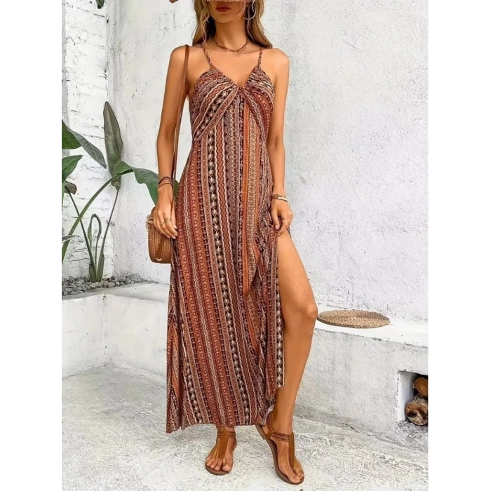 Kadın Ip Askılı Sırttan çapraz Detaylı Yırtmaçlı Desenli Süprem Elbise