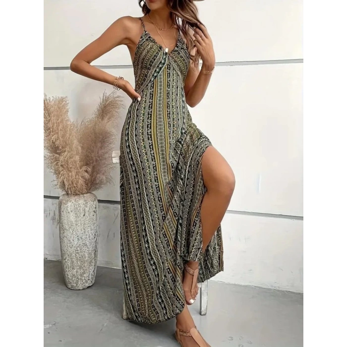 Kadın Ip Askılı Sırttan çapraz Detaylı Yırtmaçlı Desenli Süprem Elbise