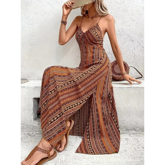 Kadın Ip Askılı Sırttan çapraz Detaylı Yırtmaçlı Desenli Süprem Elbise