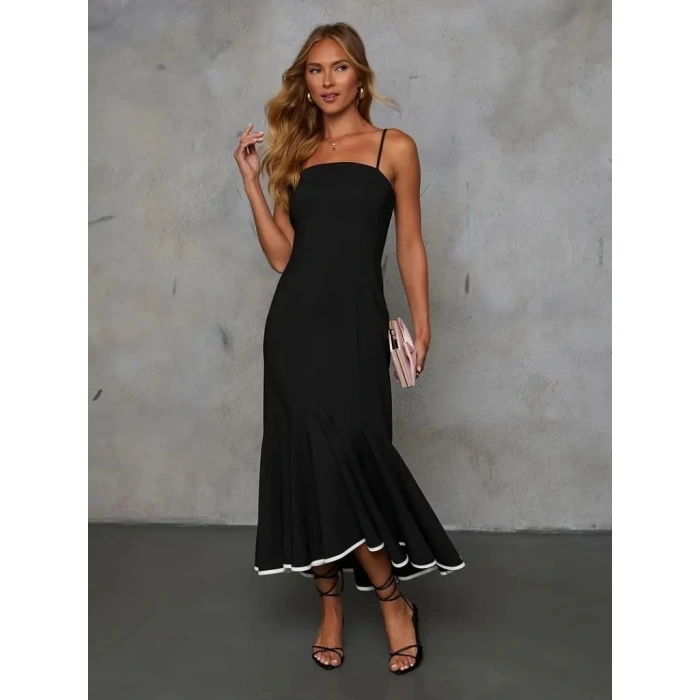 Kadın Ip Askılı Straplez Kesim Detay Maksi Boy Janjan Krep Elbise