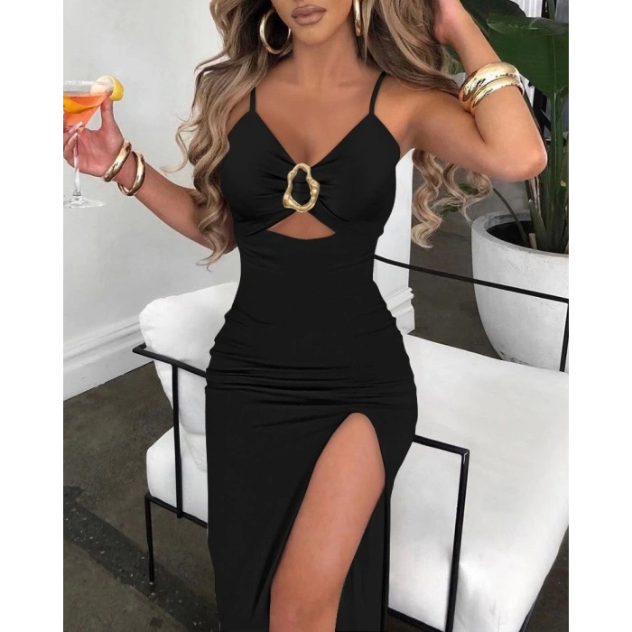 Kadın Ip Askılı Toka Detaylı Yırtmaçlı Janjan Krep Elbise