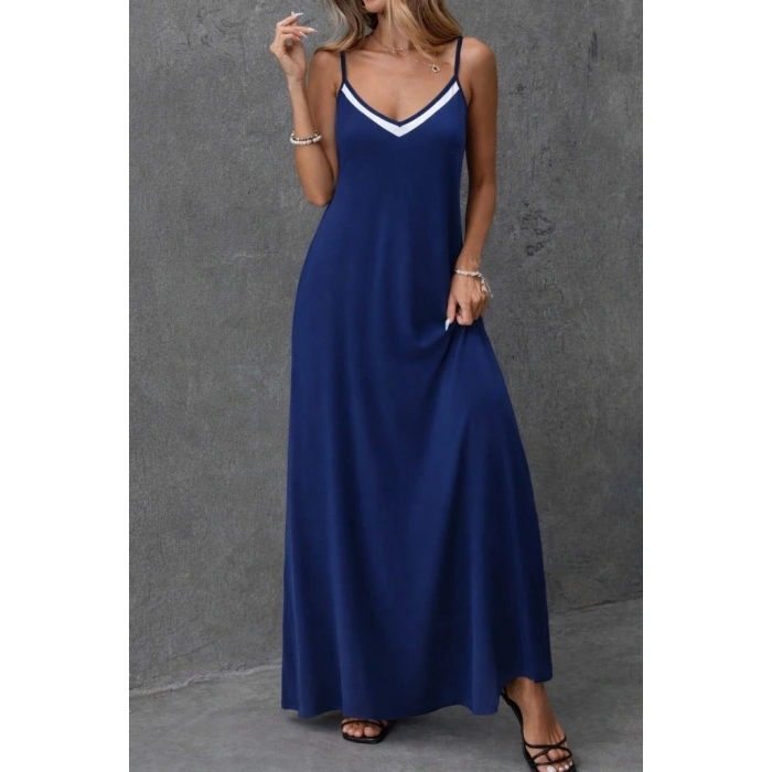 Kadın Ip Askılı V şerit Yakalı Uzun Viskon Elbise