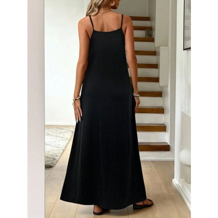 Kadın Ip Askılı V şerit Yakalı Uzun Viskon Elbise