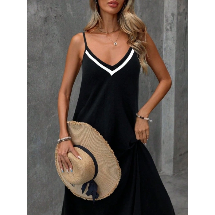 Kadın Ip Askılı V şerit Yakalı Uzun Viskon Elbise