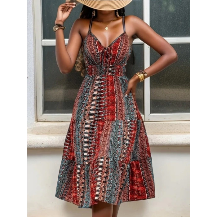 Kadın Ip Askılı V Yakalı Bağcıklı Beli Lastikli Desenli Süprem Elbise