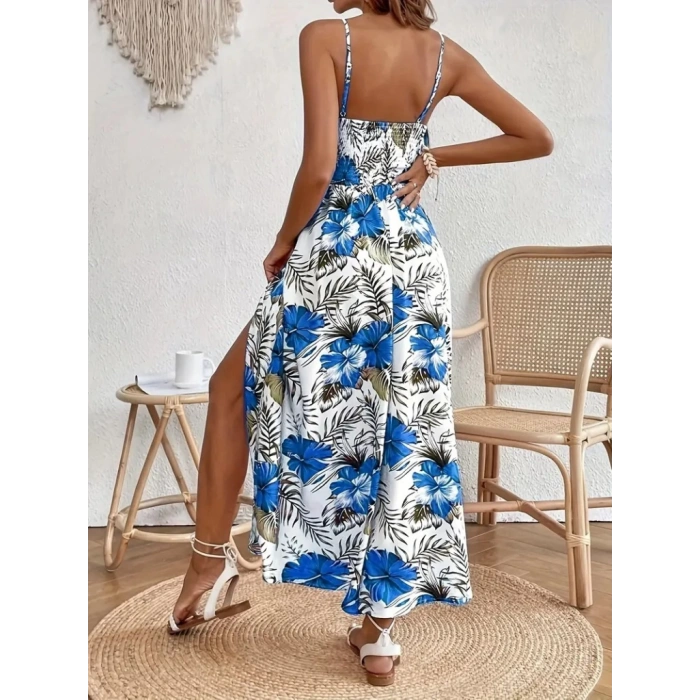 Kadın Ip Askılı V Yakalı Bel Güpür çiçek Desenli Yandan Yırtmaçlı Maksi Süprem Elbise