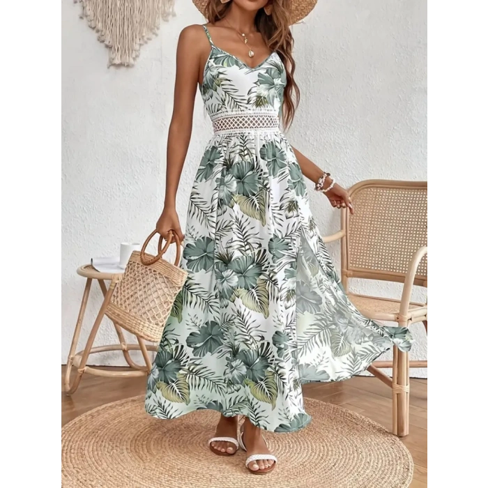 Kadın Ip Askılı V Yakalı Bel Güpür çiçek Desenli Yandan Yırtmaçlı Maksi Süprem Elbise