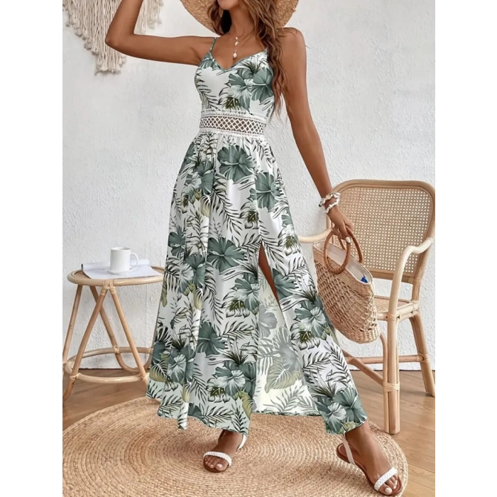 Kadın Ip Askılı V Yakalı Bel Güpür çiçek Desenli Yandan Yırtmaçlı Maksi Süprem Elbise