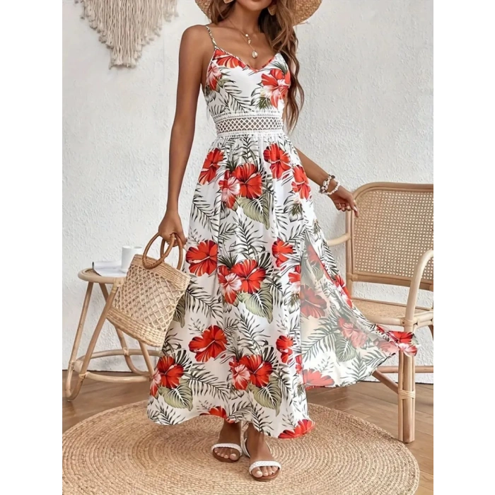 Kadın Ip Askılı V Yakalı Bel Güpür çiçek Desenli Yandan Yırtmaçlı Maksi Süprem Elbise