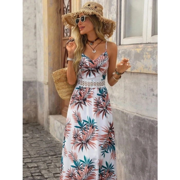 Kadın Ip Askılı V Yakalı Beli Dantelli Uzun Süprem Elbise