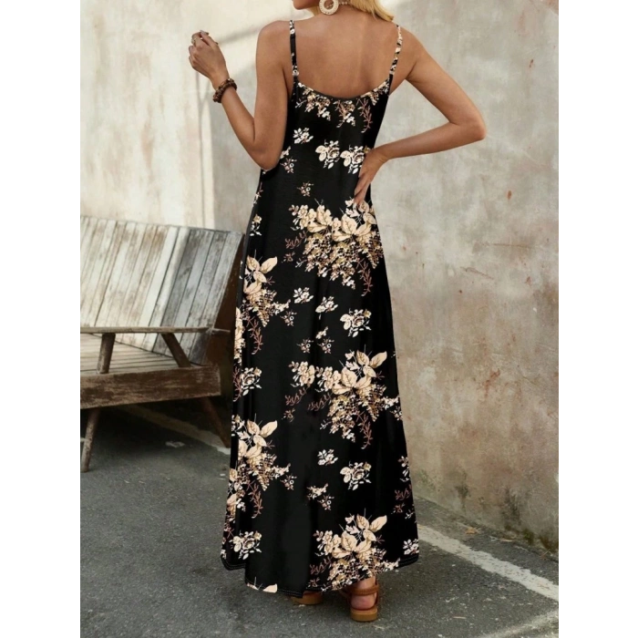 Kadın Ip Askılı V Yakalı çiçek Desenli Süprem Elbise
