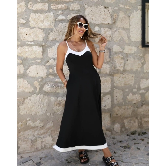 Kadın Ip Askılı V Yakalı çift Renkli Janjan Krep Elbise