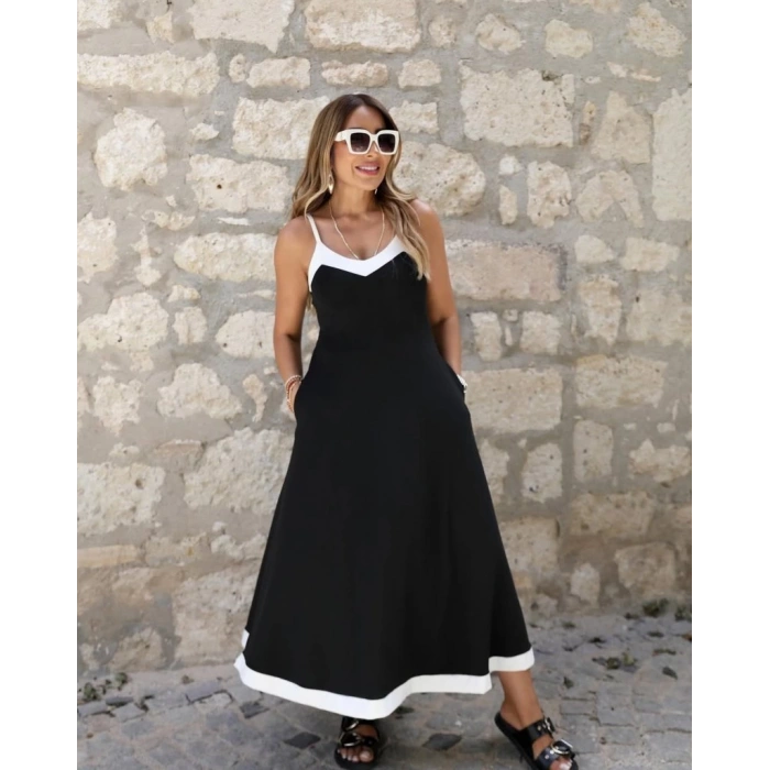 Kadın Ip Askılı V Yakalı çift Renkli Janjan Krep Elbise