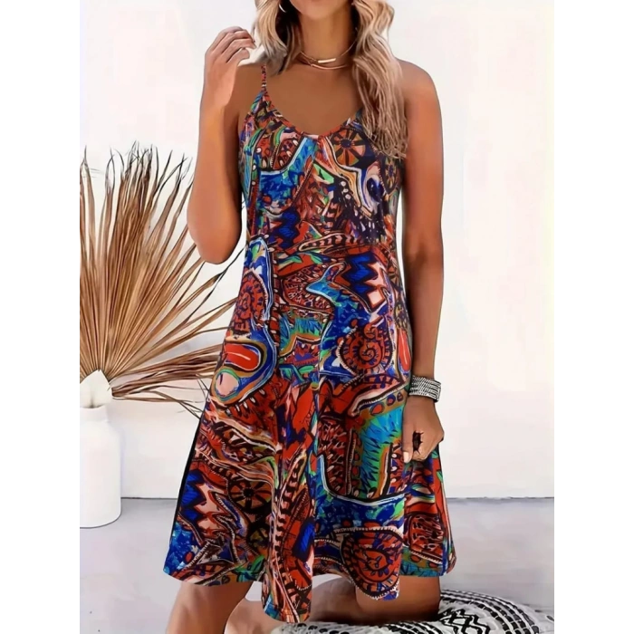 Kadın Ip Askılı V Yakalı Desenli Kısa Süprem Elbise