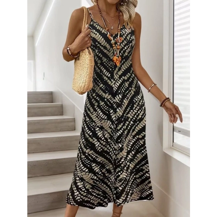 Kadın Ip Askılı V Yakalı Desenli Uzun Süprem Elbise