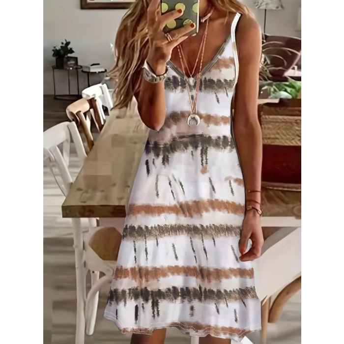 Kadın Ip Askılı V Yakalı Karışık Renkli Süprem Elbise