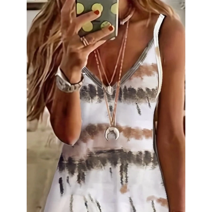 Kadın Ip Askılı V Yakalı Karışık Renkli Süprem Elbise