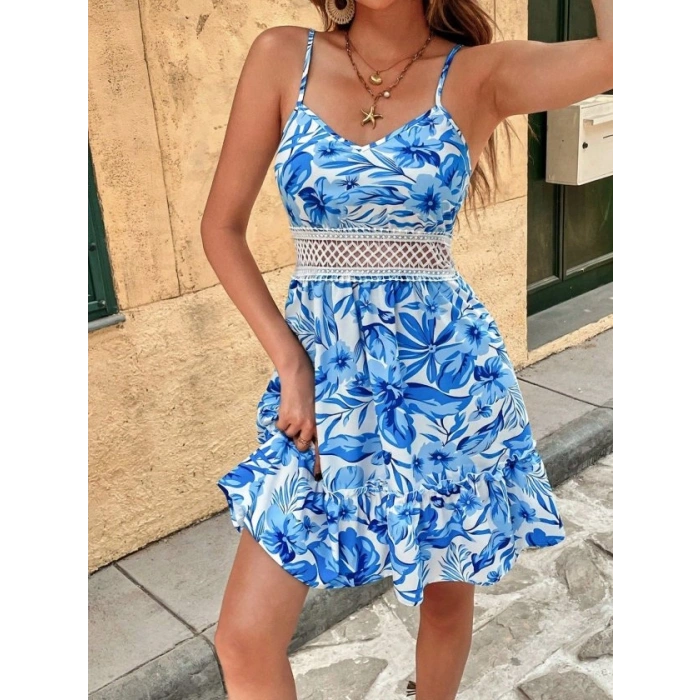 Kadın Ip Askılı V Yakalı Kısa Desenli Süprem Elbise