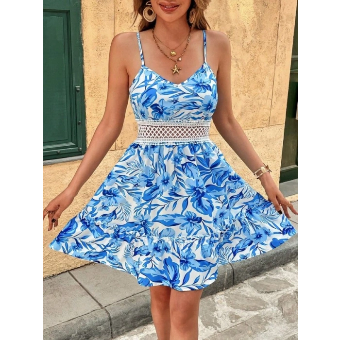 Kadın Ip Askılı V Yakalı Kısa Desenli Süprem Elbise