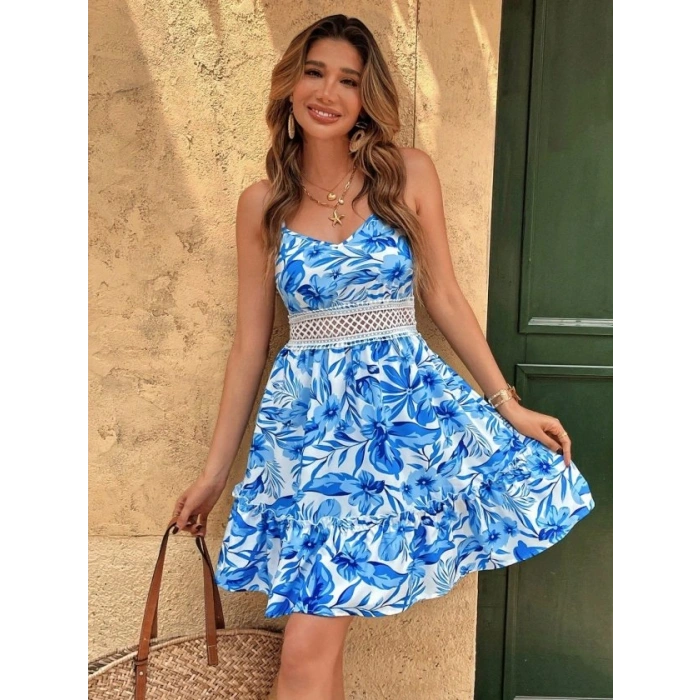 Kadın Ip Askılı V Yakalı Kısa Desenli Süprem Elbise