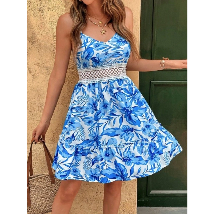 Kadın Ip Askılı V Yakalı Kısa Desenli Süprem Elbise