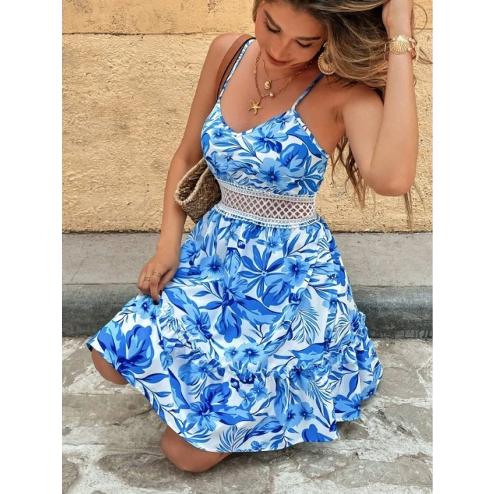 Kadın Ip Askılı V Yakalı Kısa Desenli Süprem Elbise