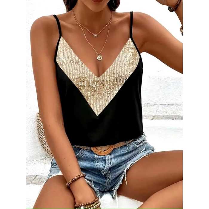 Kadın Ip Askılı V Yakalı Pulpayet Detaylı Sandy Bluz