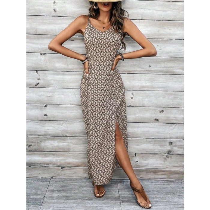 Kadın Ip Askılı V Yakalı Yırtmaçlı Uzun Süprem Elbise