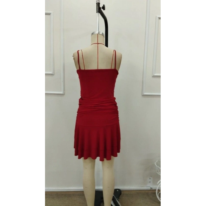 Kadın Ip Askılı Yuvarlak Yaka Büzgülü Kısa Sandy Elbise