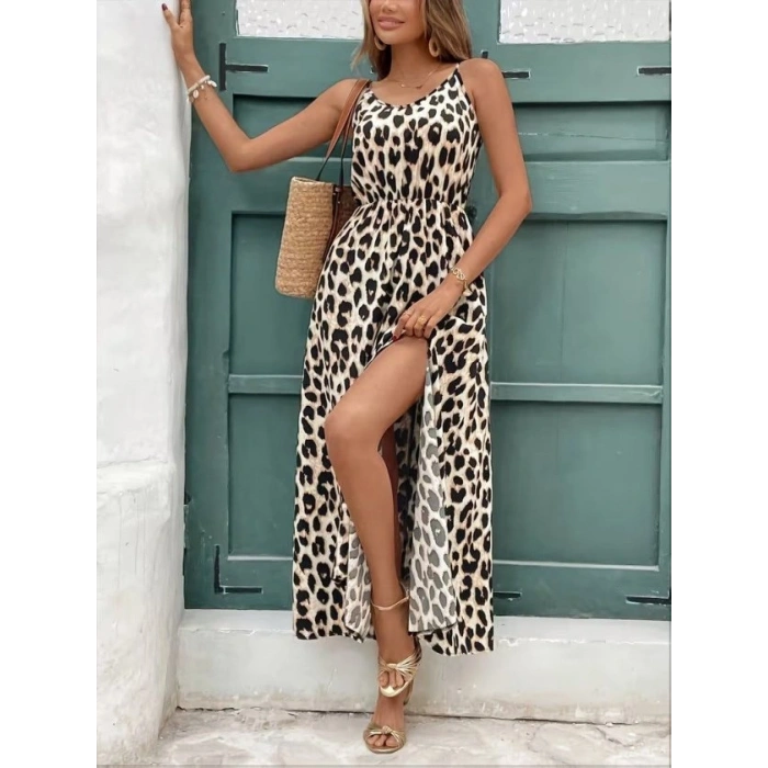 Kadın Ip Askılı Yuvarlak Yakalı Arkası V Yakalı Yırtmaçlı Uzun Leopar Desenli Süprem Elbise