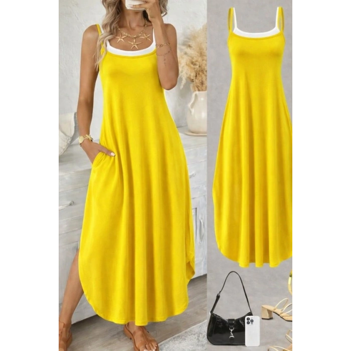 Kadın Ip Askılı Yuvarlak Yakalı Cepli Uzun Viskon Elbise