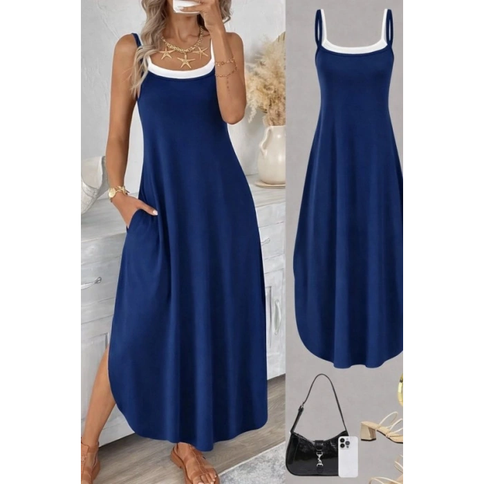 Kadın Ip Askılı Yuvarlak Yakalı Cepli Uzun Viskon Elbise