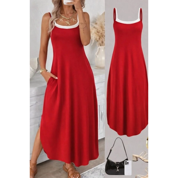 Kadın Ip Askılı Yuvarlak Yakalı Cepli Uzun Viskon Elbise