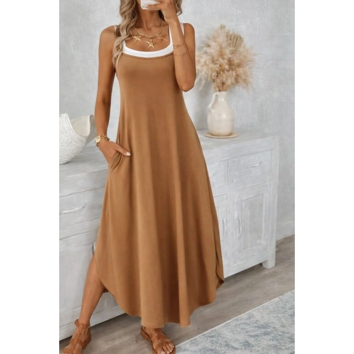Kadın Ip Askılı Yuvarlak Yakalı Cepli Uzun Viskon Elbise