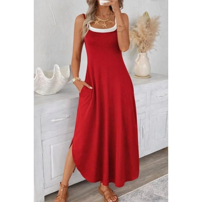 Kadın Ip Askılı Yuvarlak Yakalı Cepli Uzun Viskon Elbise