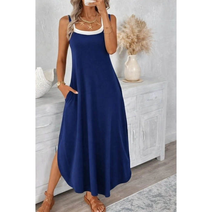 Kadın Ip Askılı Yuvarlak Yakalı Cepli Uzun Viskon Elbise