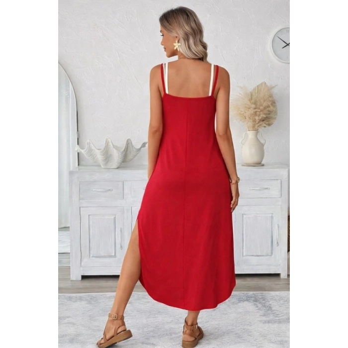 Kadın Ip Askılı Yuvarlak Yakalı Cepli Uzun Viskon Elbise