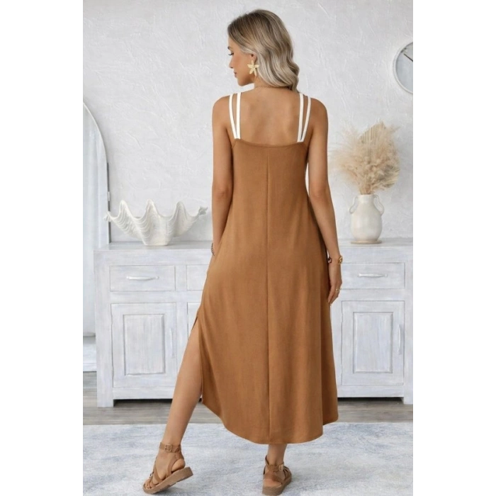 Kadın Ip Askılı Yuvarlak Yakalı Cepli Uzun Viskon Elbise