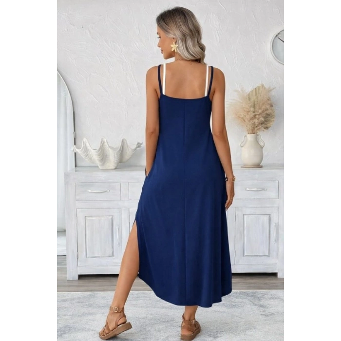 Kadın Ip Askılı Yuvarlak Yakalı Cepli Uzun Viskon Elbise