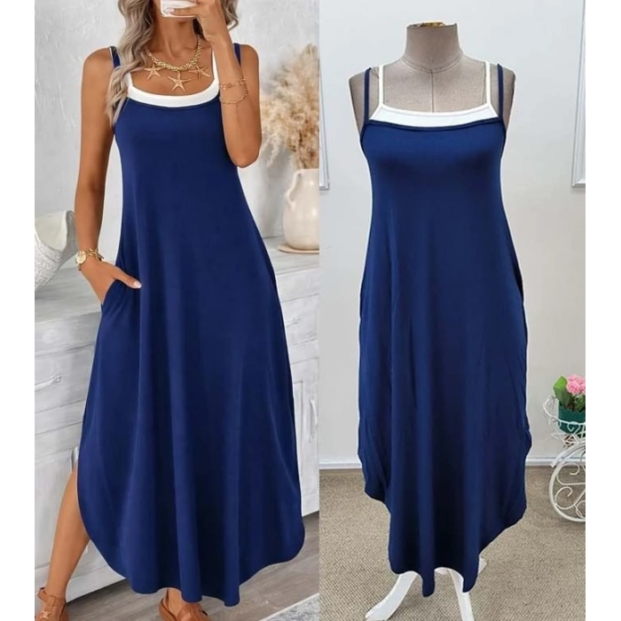 Kadın Ip Askılı Yuvarlak Yakalı Cepli Uzun Viskon Elbise