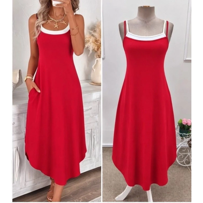 Kadın Ip Askılı Yuvarlak Yakalı Cepli Uzun Viskon Elbise