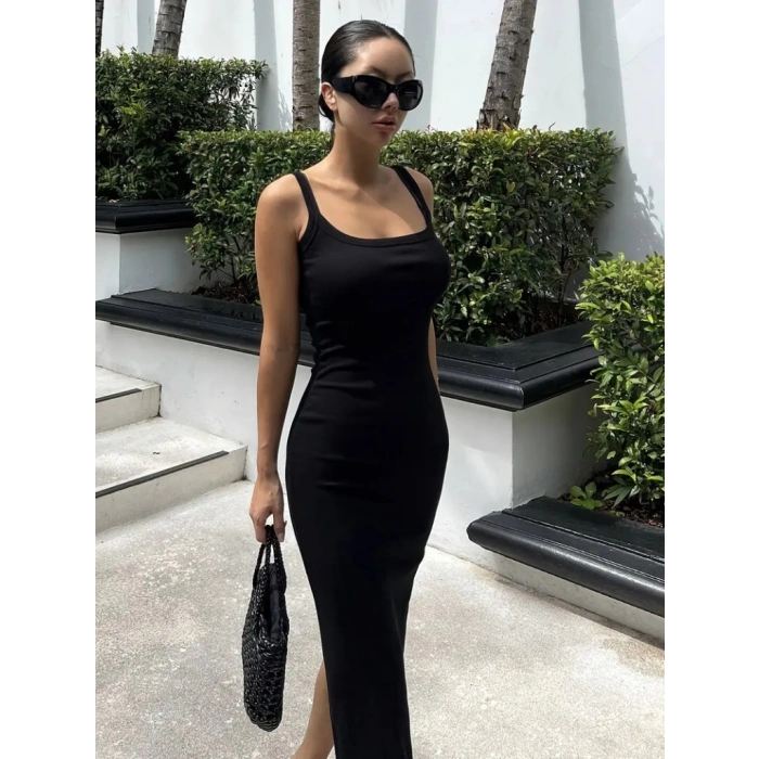 Kadın Ip Askılı Yuvarlak Yakalı Yırtmaçlı Midi Kaşkorse Elbise