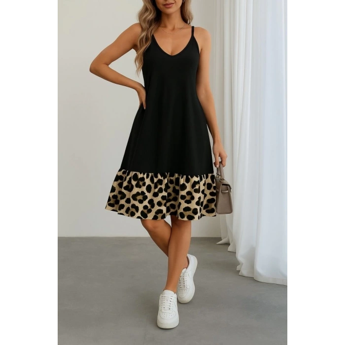 Kadın Ip Detaylı Kısa Elbise Askılı Yuvarlak Yakalı Viskon Etek Süprem Elbise