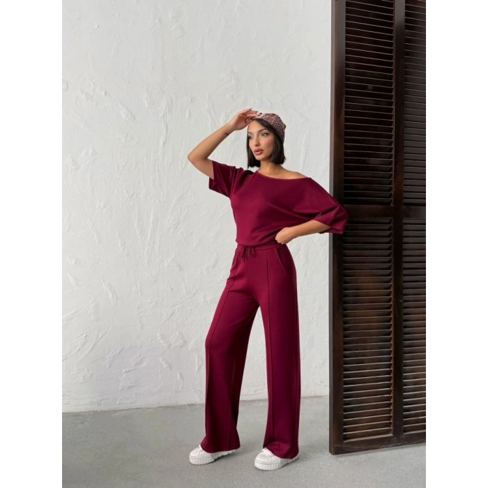 Kadın İsa Kollu Kayık Yaka Bluz Ve Pantolon Misal Kumaş Ikili Takım