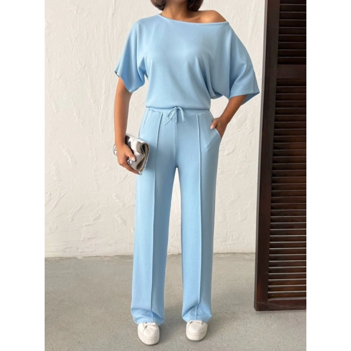 Kadın İsa Kollu Kayık Yaka Bluz Ve Pantolon Misal Kumaş Ikili Takım