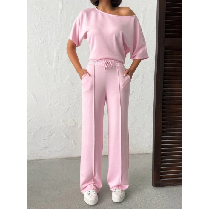 Kadın İsa Kollu Kayık Yaka Bluz Ve Pantolon Misal Kumaş Ikili Takım