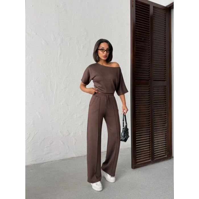 Kadın İsa Kollu Kayık Yaka Bluz Ve Pantolon Misal Kumaş Ikili Takım