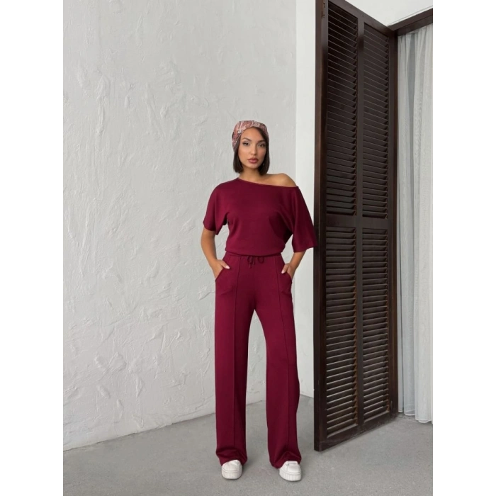 Kadın İsa Kollu Kayık Yaka Bluz Ve Pantolon Misal Kumaş Ikili Takım