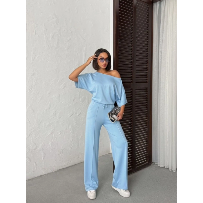 Kadın İsa Kollu Kayık Yaka Bluz Ve Pantolon Misal Kumaş Ikili Takım