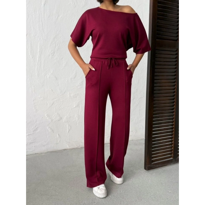 Kadın İsa Kollu Kayık Yaka Bluz Ve Pantolon Misal Kumaş Ikili Takım